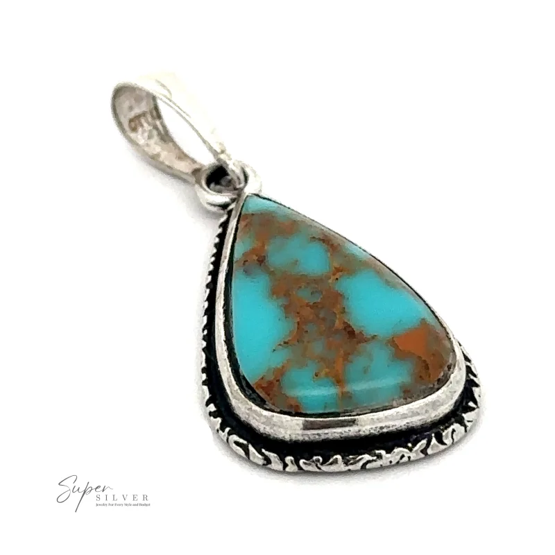 Irregular Teardrop Bisbee Turquoise Pendant with Etched Border