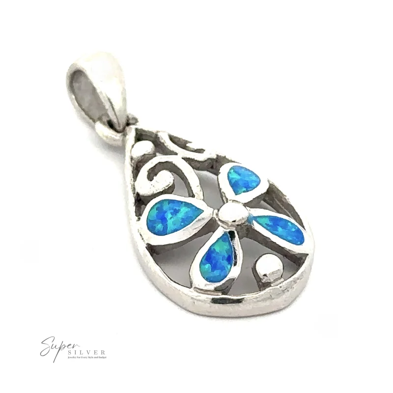 Teardrop Blue Opal Pendant With Flower Design