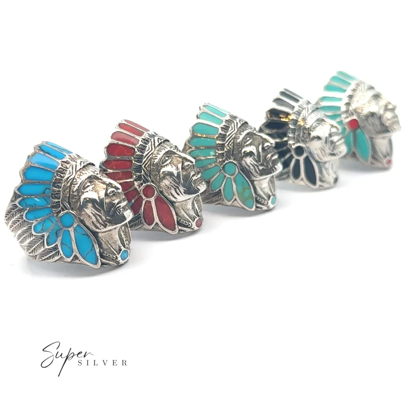 Stately Chief Head Ring With Inlay Stones