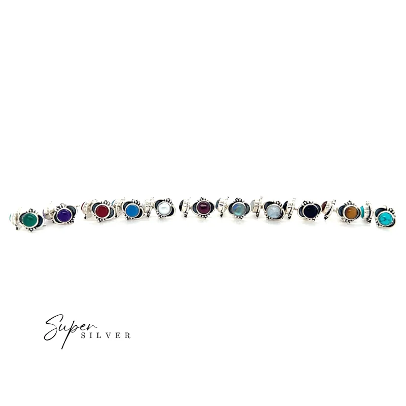 Sterling Silver Gemstone Stud Earrings with Crescent Moon Detail