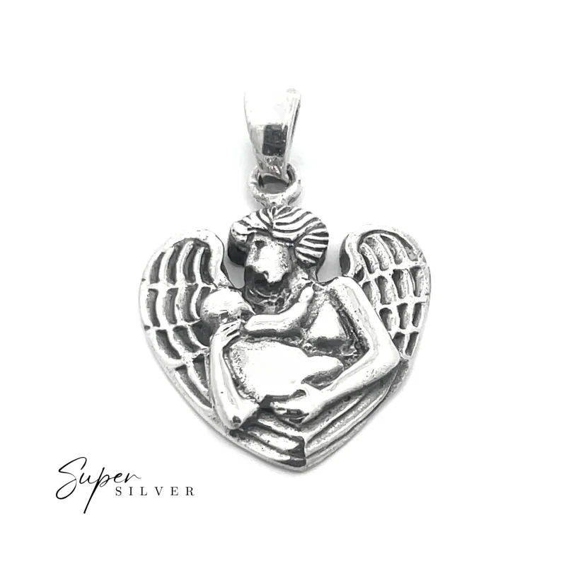 Solid Sterling Silver Guardian Angel and Child Pendant