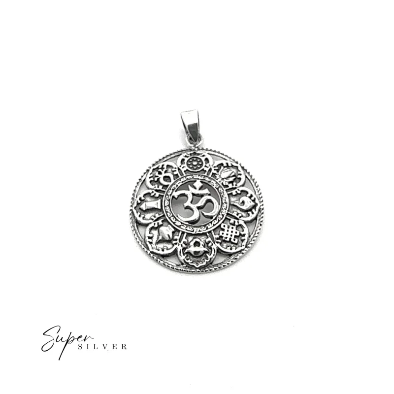 Sterling Silver Om Ashtamangala Tibetan Buddhist Pendant